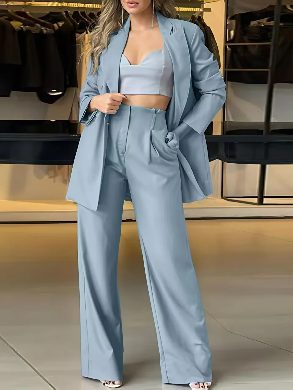 

Autumn Pure Color Casual Shawl Collar Double Button Simple Ladies Professional Suit Slim Fit Versatile Women's Fashion Set
