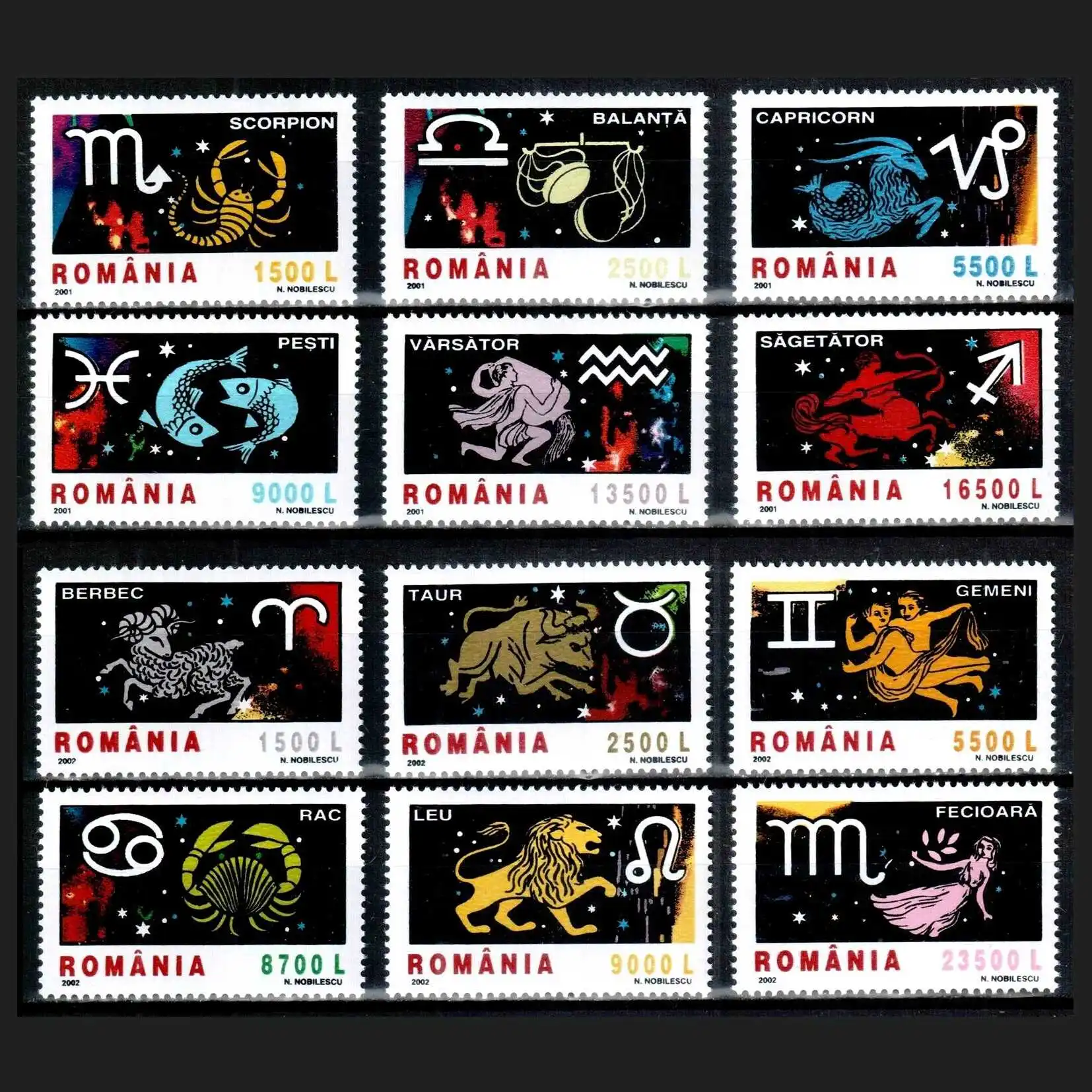 

Romania Post Stamps Postage Year 2001-2002 Zodiac Nightsky 12 Collectible Postage Stamps Collecting Material For Scrapbooking