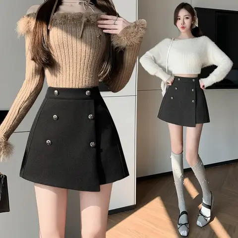 Hög midja ullkjol Höst vinter Dammode Asymmetrisk kort kjol Dubbelknäppt halvkroppskjol 10 best sales Maxi Mall - №8