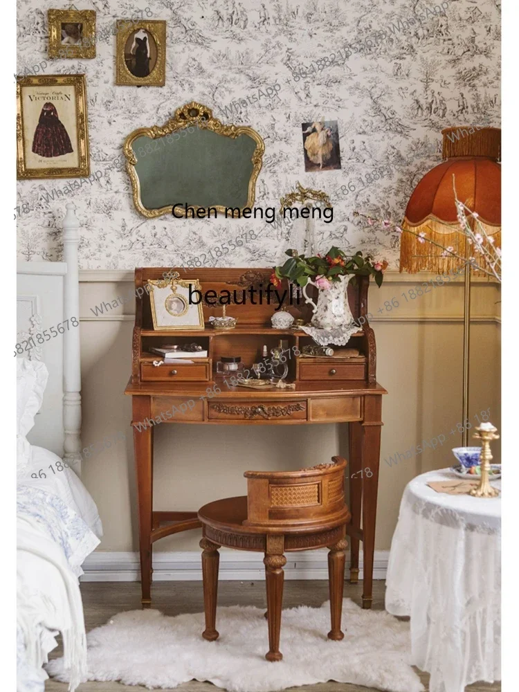 

ss7304 Wooden Bay Window Desk Makeup Table Integrated Storage Dressing Table Chair Makeup Stool