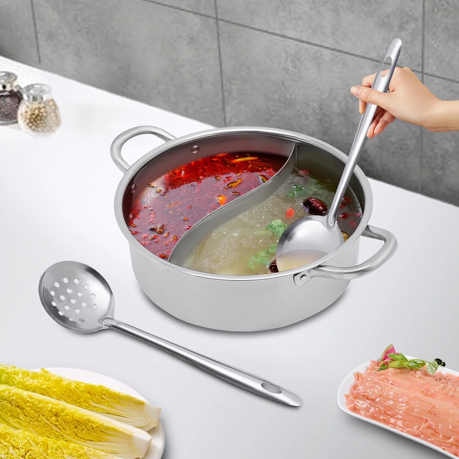 28/30 cm Stainless Steel Divided Hot Pots Cookware Hot Pot Compatible Double-flavor Hotpot Stock Pot with Spoon/ Leaky Spoon