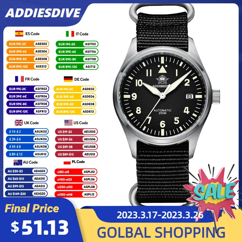 Reloj Automático ADDIESDIVE para Hombre 39mm zafiro acero inoxidable C3 superluminoso 200m impermeable Reloj MY-H2 caliente Reloj Hombre