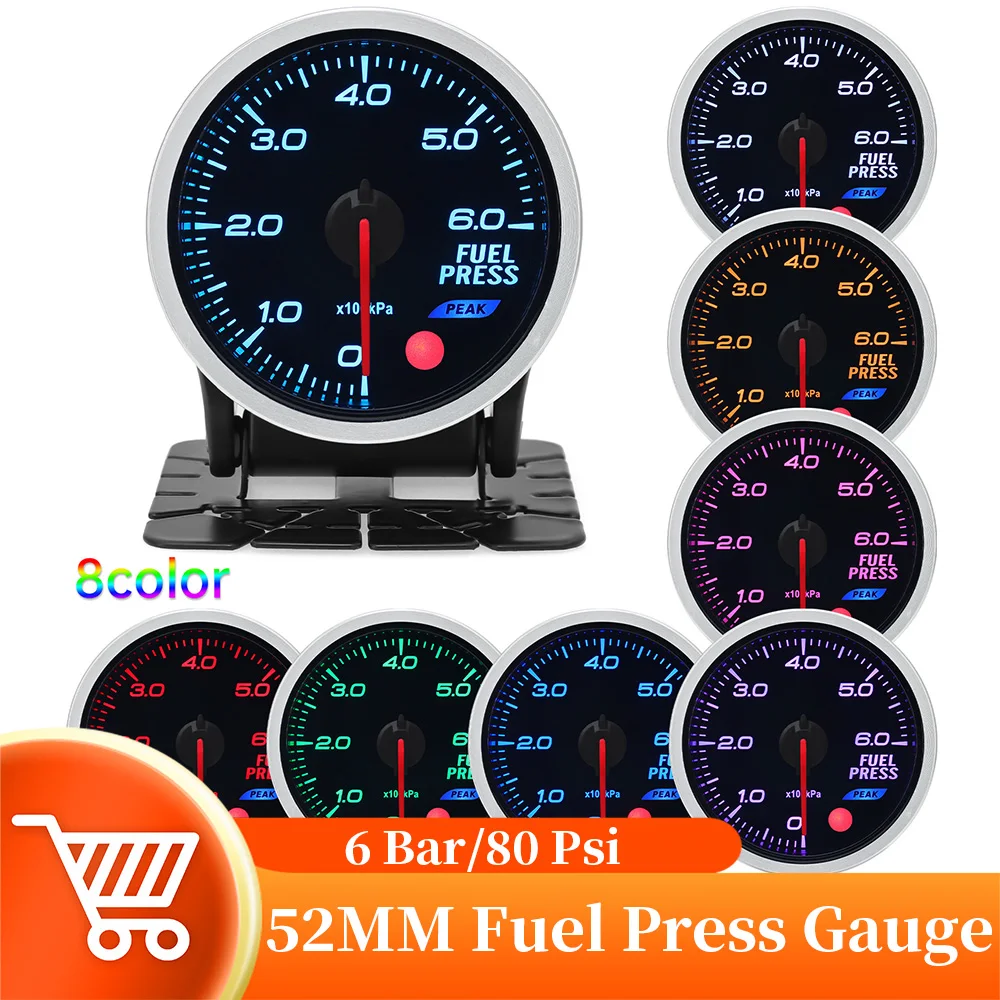 6BAR 52MM Fuel Pressure Gauge With 1/8NPT Fuel Press Sensor Smoke Lens Fuel Press Meter For 12V Gasoline Vehicle