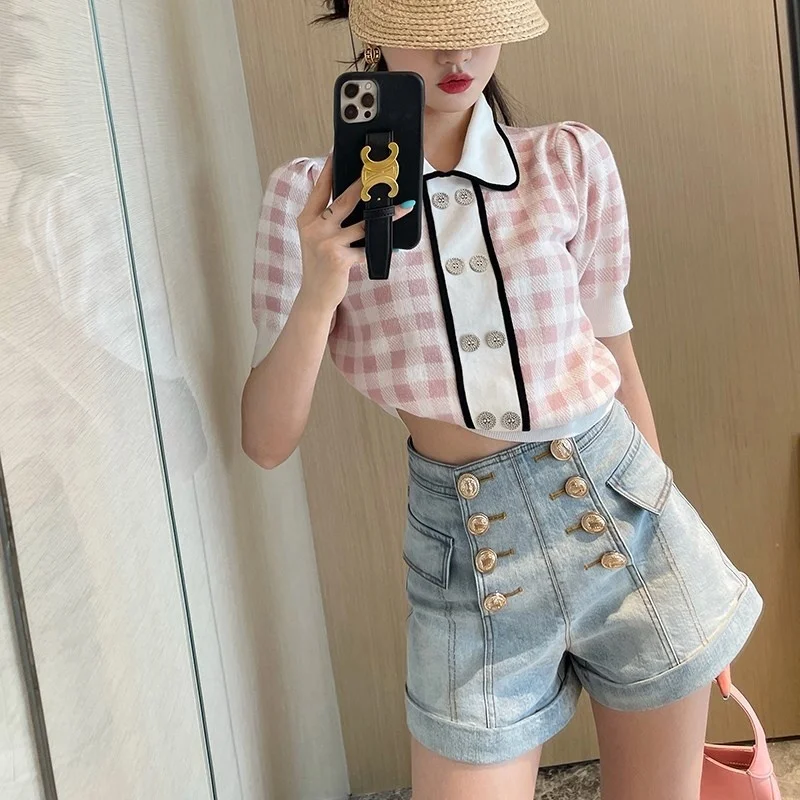 

Xiaojing Family's Same Style High Waist Slim Curled Light Color Denim Shorts for Women in Summer Design Feeling Small and High