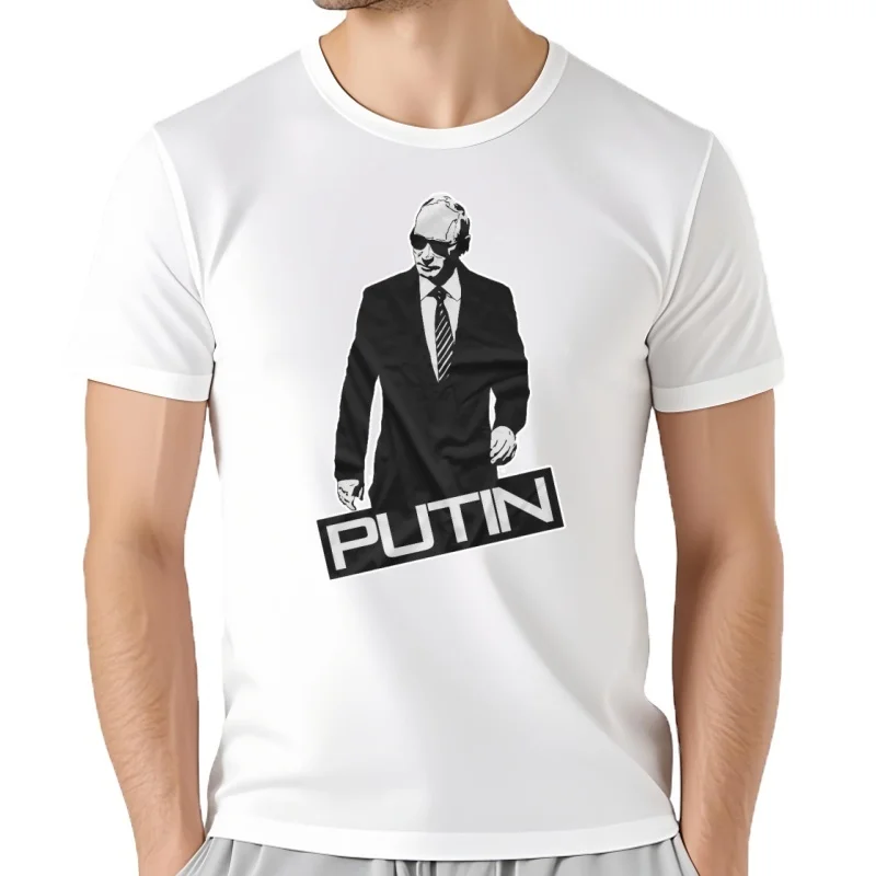Camiseta elegante con una imagen de Putin - Camiseta de color blanco y negro