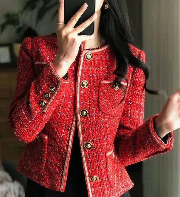 

Red Tweed Blazers Women Coat New Autumn Winter Loose O-Neck Single-Breasted Suit Jacket Female Korean Style Elegant Lady Coats