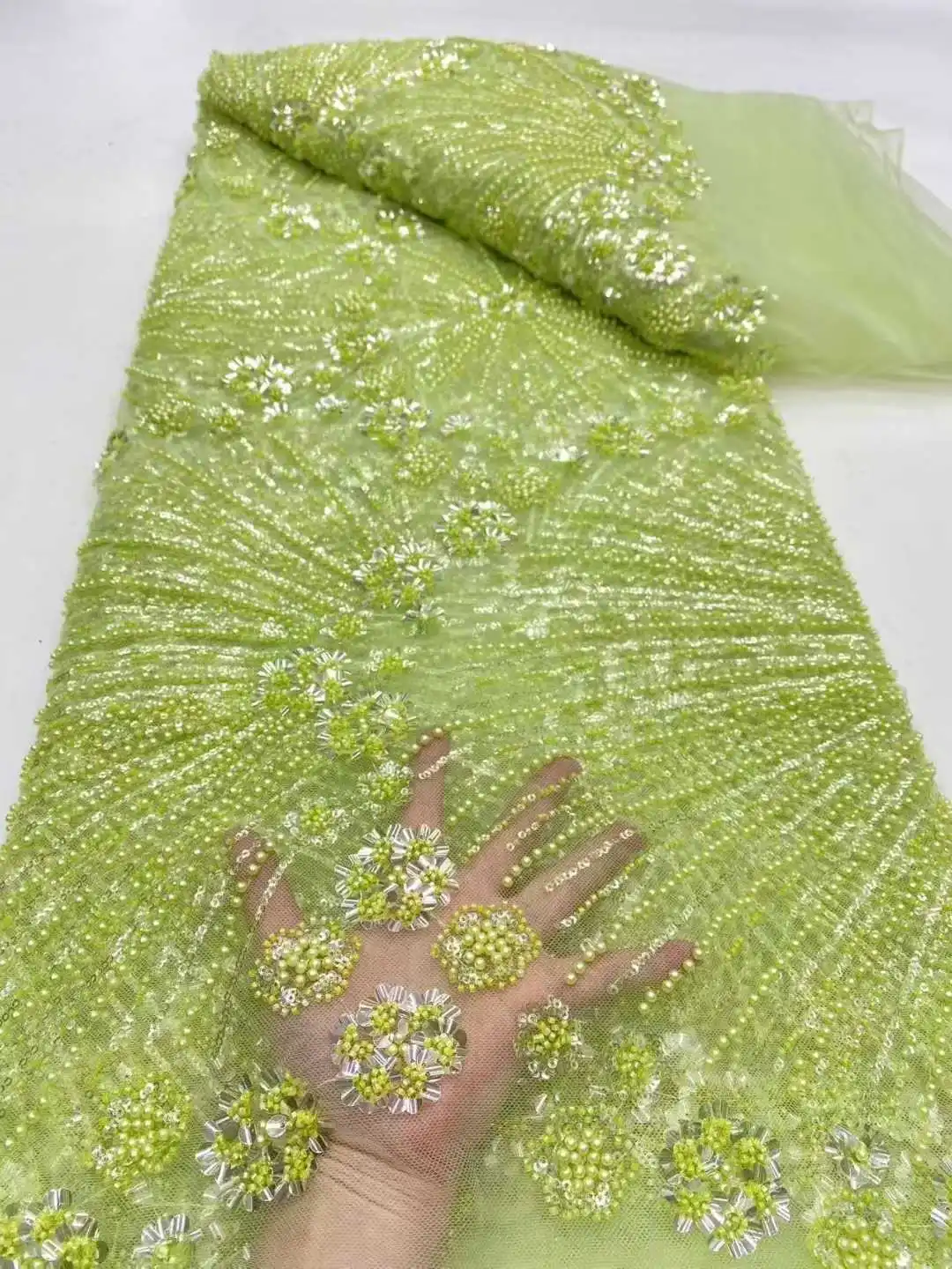 

African Mesh Lace Fabric With Sequins 2025 High Quality French Beads Tulle Lace Fabric for Women Dresses Material Sewing