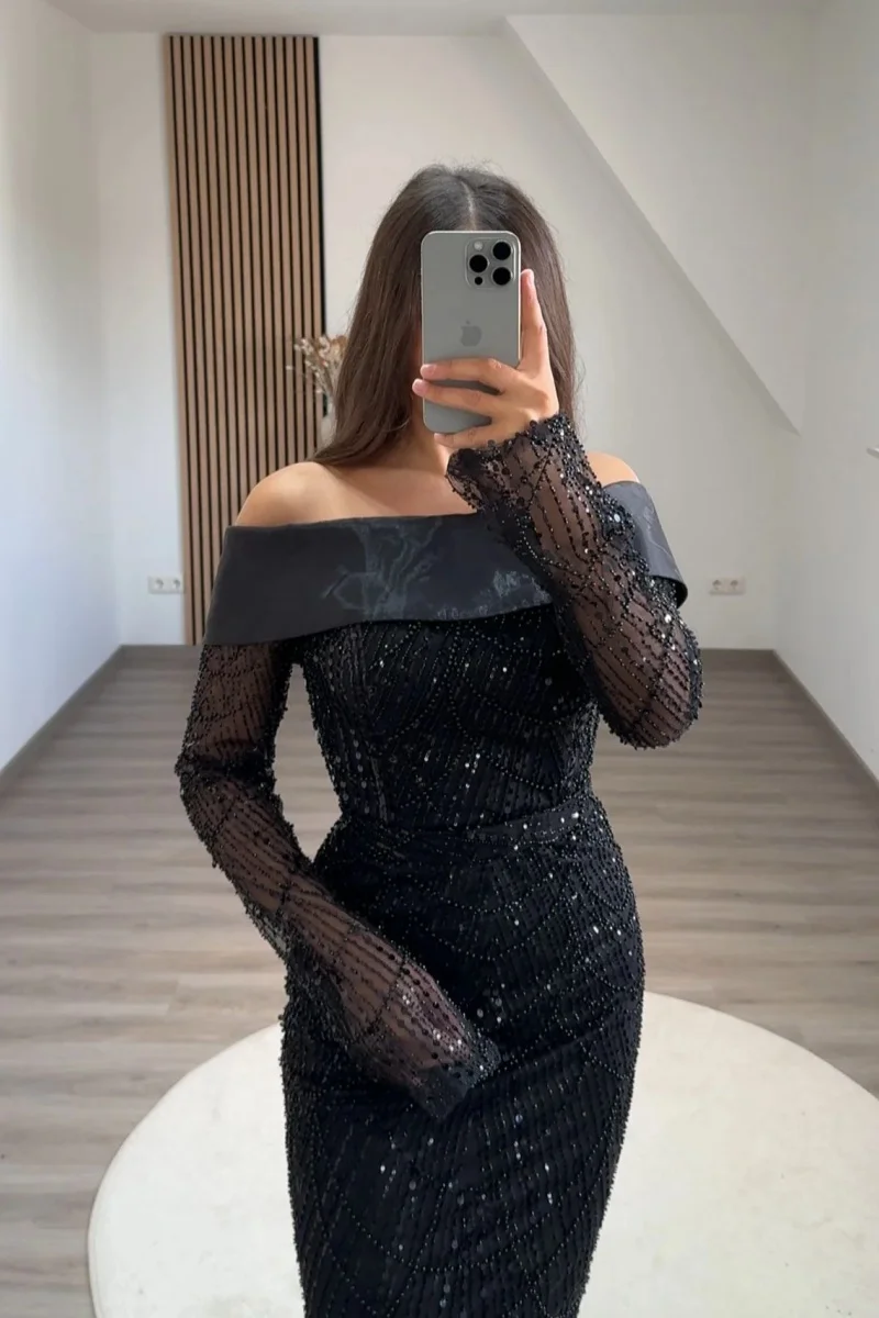 Annie Black Wedding Dress Beaded sequins Luxury Prom Dresses Arab Women's Long Sleeve Ankle Length فساتين سهرة Customized 2025