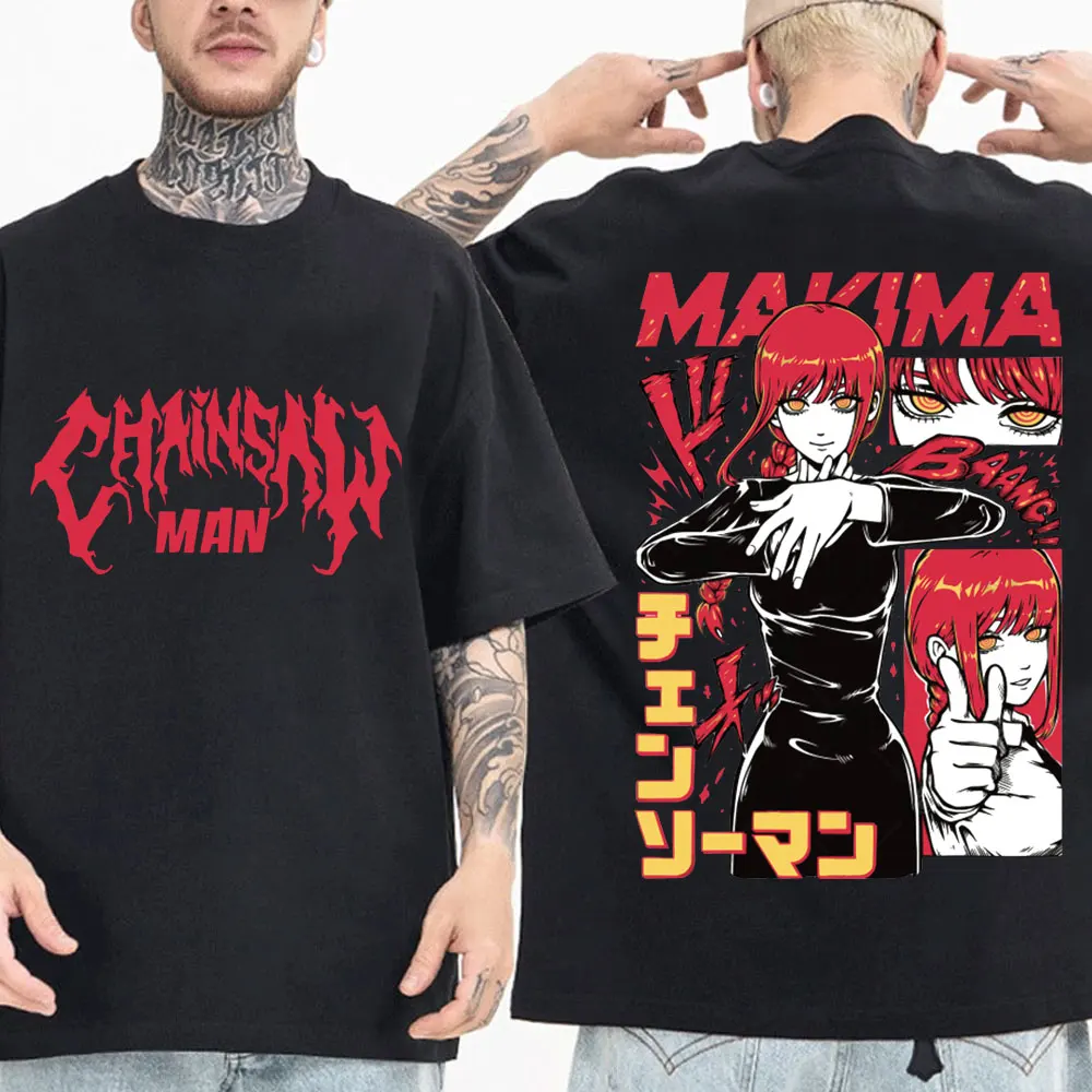 

Anime Chainsaw Man Makima Double Sided Print T-shirt Men Women Manga Fashion Trend Streetwear Male Vintage Casual Cotton Tshirt