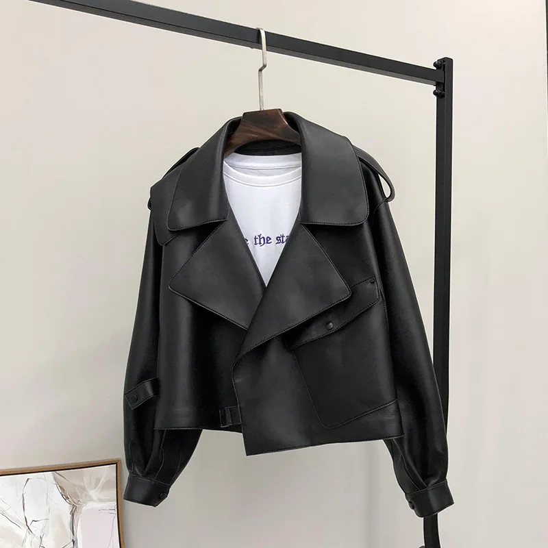 FMFSSOM-Chaqueta corta de piel sintética para mujer, abrigo a prueba de viento con un solo botón, abrigo cálido con cuello vuelto, color negro, para primavera, 2024