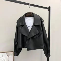 FMFSSOM-Veste courte en similicuir pour femme, manteau chaud coupe-vent, col rabattu, bouton unique, noir, moto motard, vêtements d'extérieur, printemps, 2024