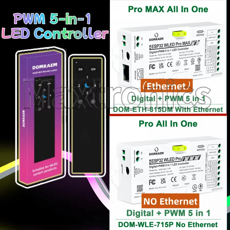 DOMRAEM ESP32 WLED Pro PWM 5-in-1 LED Controller With Mic UART/815DM Ethernet for WS2812B DIM CCT RGB RGBWCCT LED Strip Light