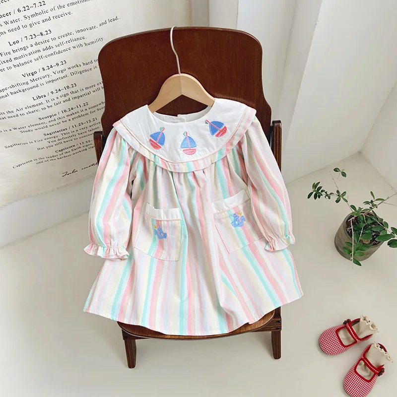 Dopamine Sailboat Embroidery Girl Dress2024Autumn Navy Style Long Sleeve Western Style Children Skirt