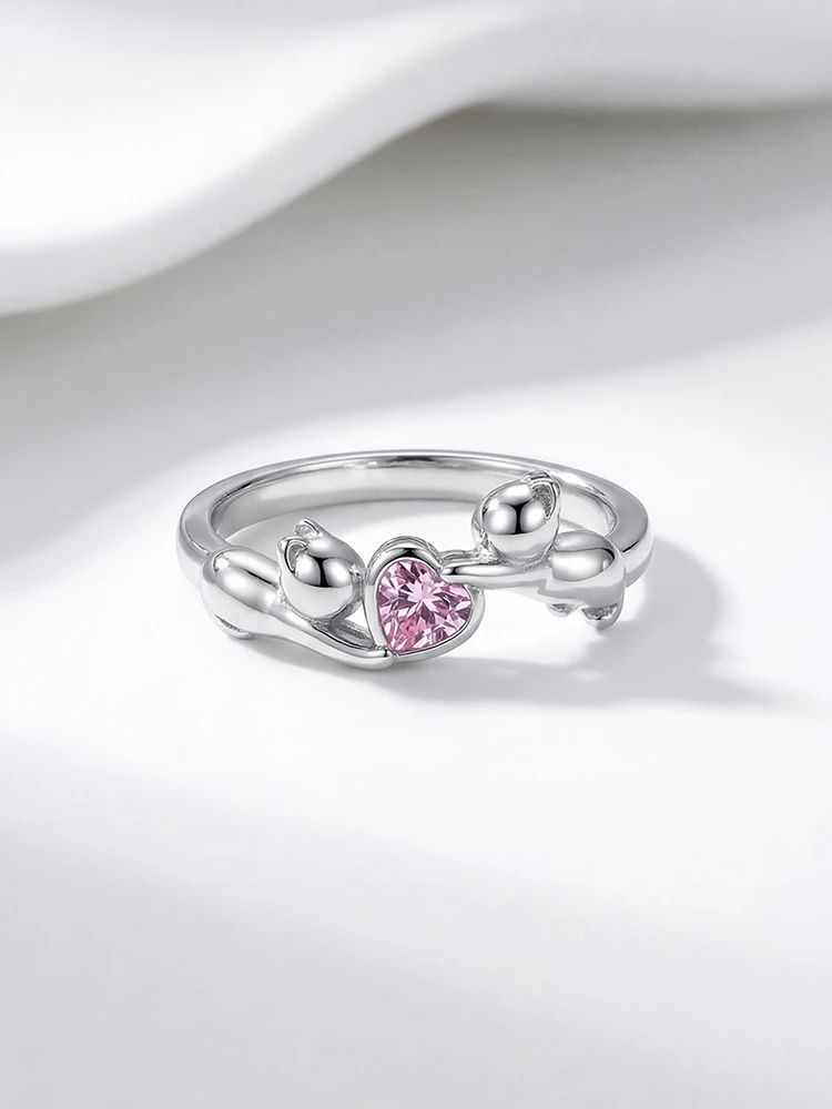 925 スターリングシルバーピンクジルコンラブハートリング女性のためのパーティー婚約記念日日常着用高品質ファインジュエリー 1