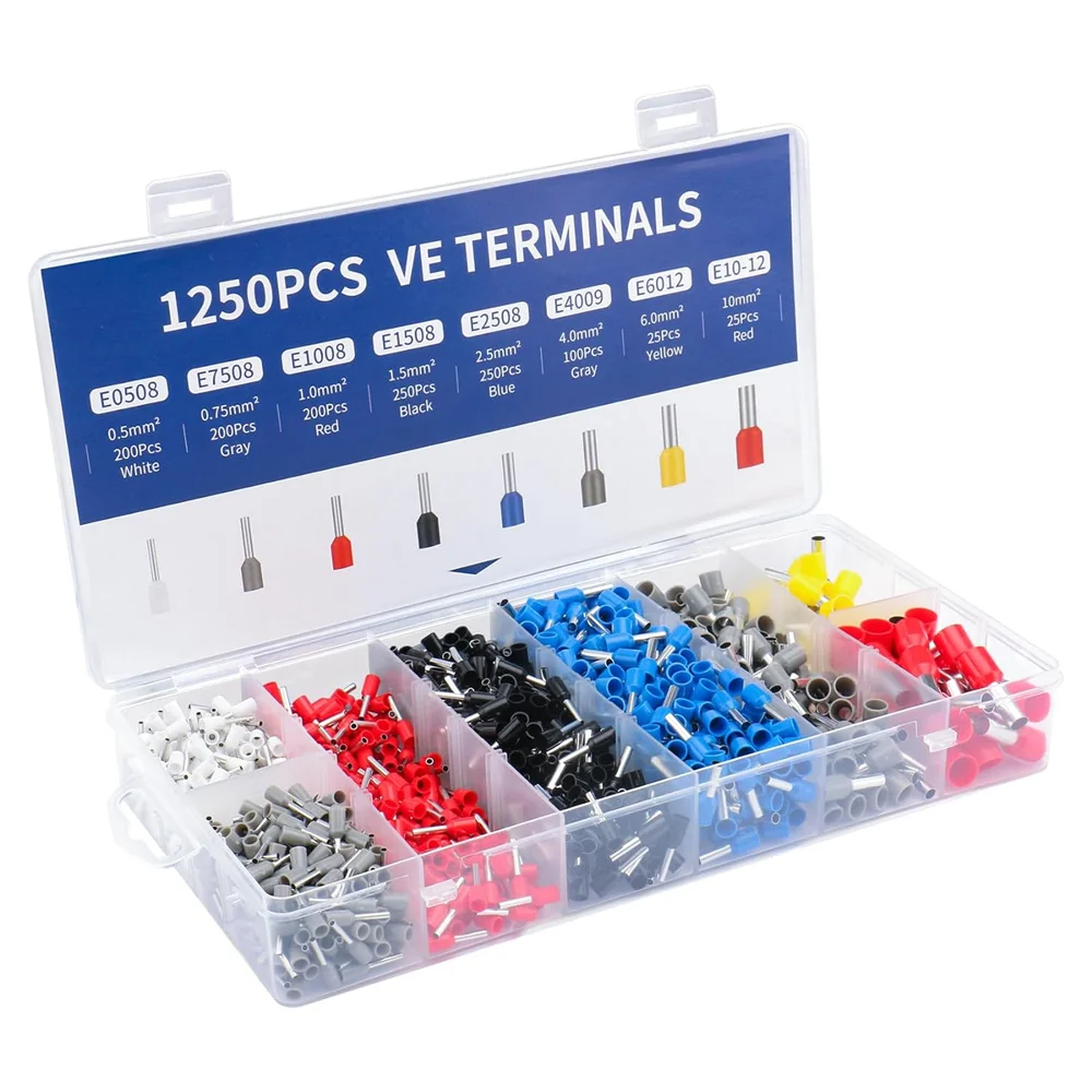 1250pcs Wire Copper Crimp Connector Kit AWG 22/20/18/16/14/12/10/8 Assorted Insulated Ferrule Pin Cord End Terminal Set White