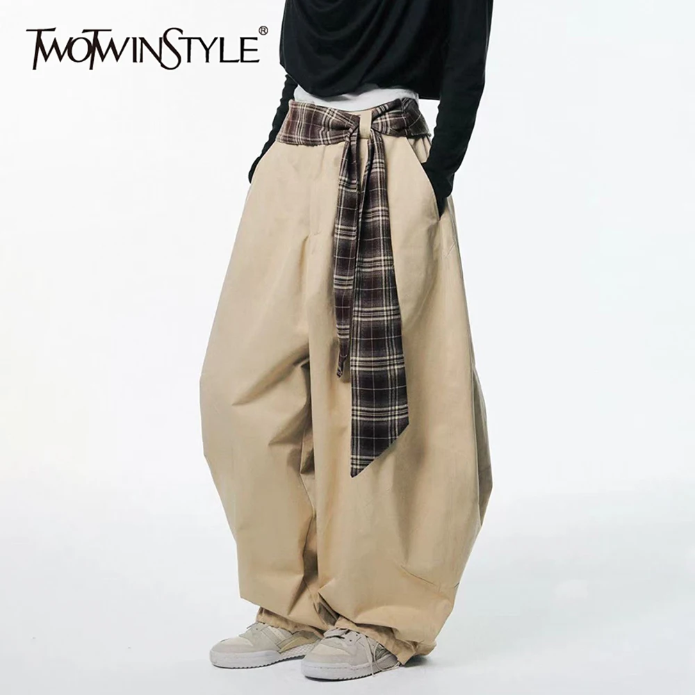 

TWOTWINSTYLE Khakl сращенные пояса корейские брюки женские с высокой талией свободные минималистичные женские широкие брюки осень новая мода