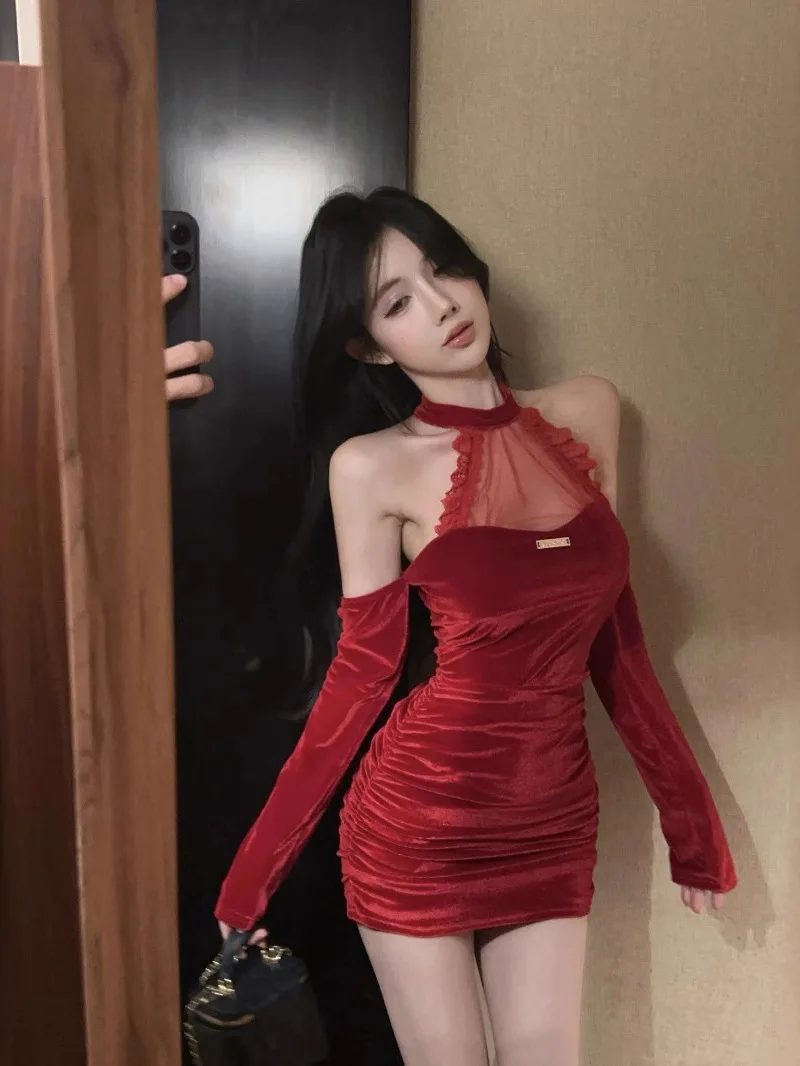 Mesh Sweet Mini Dress Lace Sheer Pure Desire Hanging Neck Mesh Lace Pleated Off Shoulder Spicy Girl Sexy Slim Dress Elegant Z1K5