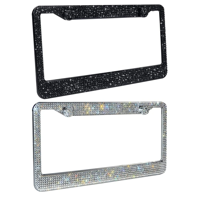 Bling Rhinestone Car License Number Plate Frame Crystal Diamond Stainless Steel Meatal License Plate Holder Black/ White/ Pink