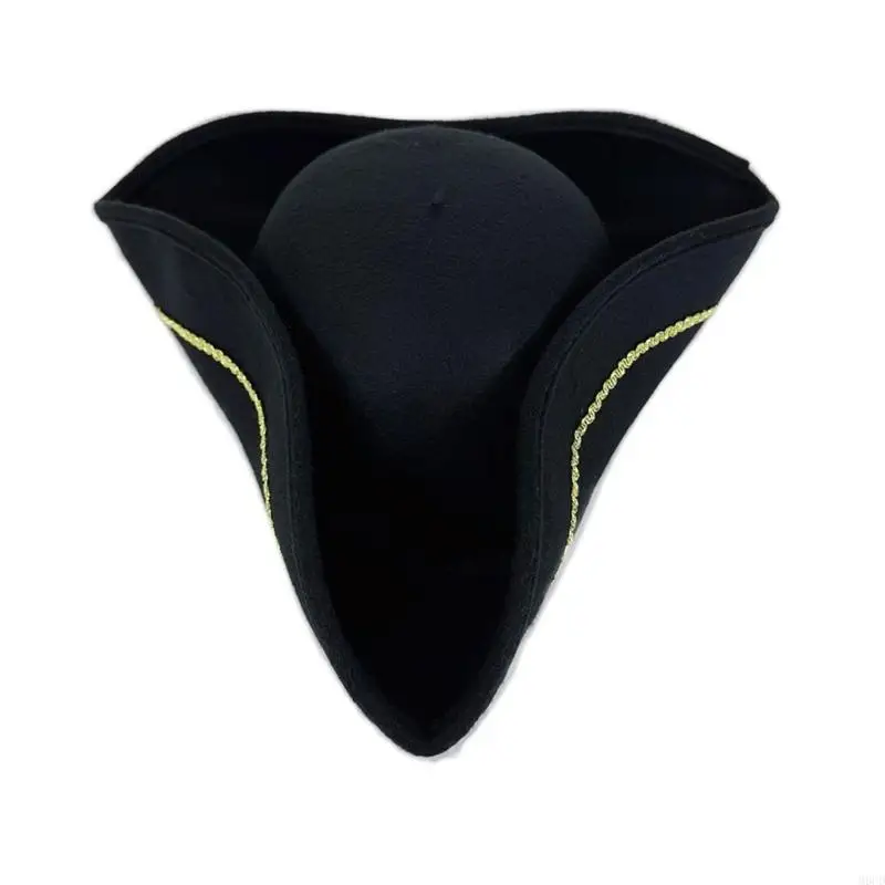 M6CD Wiktoriański kapelusz piracki ze złotą szytą miękką podszewką Kapelusz Tricorn na imprezy kostiumowe Vintage dodatek do dla