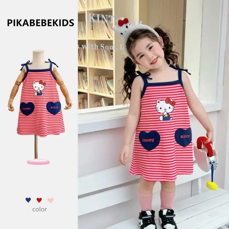 

Sanrio Kuromi Anime Hello Kitty Girl Dress Cartoon Cat Sports Leisure Stripe Sling Skirt Summer 2025 Popular New Fashion Gift