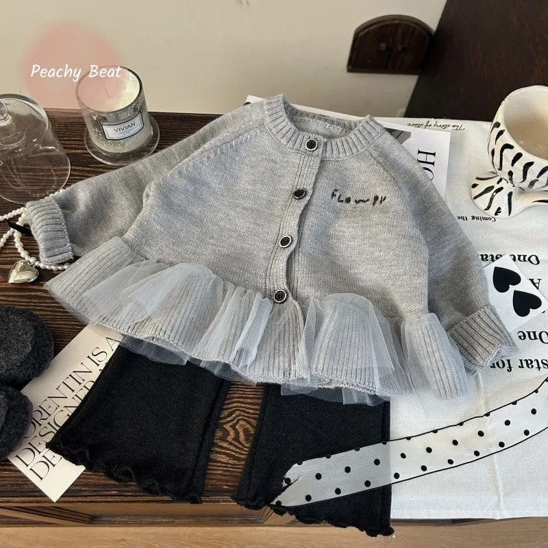 

Baby Girl Princess Embroidered Letter Knitted Cardigan +Flared Trousers 2PCS Toddler Child Kids Spring Autumn Winter Clothes Set