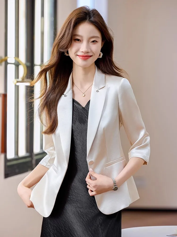 

Acetate Satin Jacket Women's Small Size Thin New Summer High-End Feel Seven Sleeve Suit Set Commute Style Slim Fit