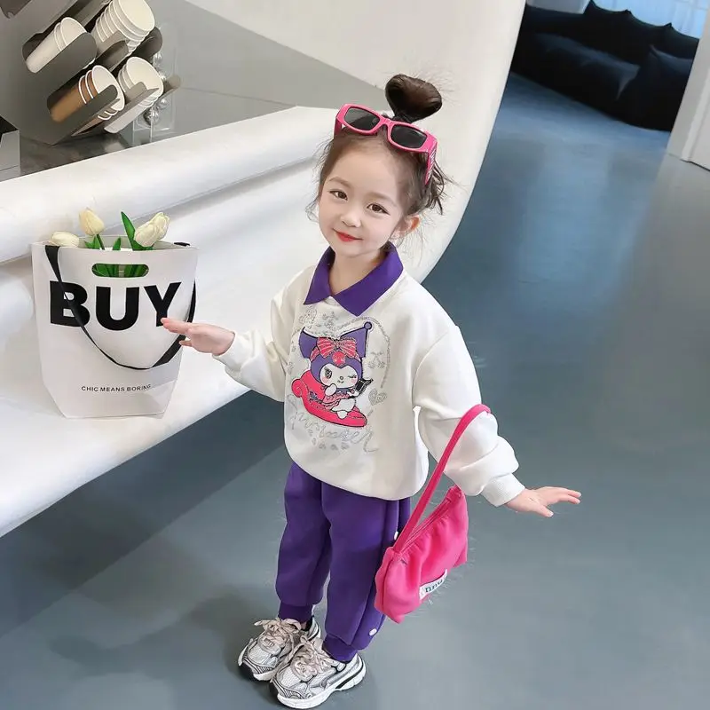 Sanrio Cartoon Kuromi Print Clothing Sets for Children Girls Sweatshirt + Long Pants 2piece Autumn Teenis Kids Casual Sets