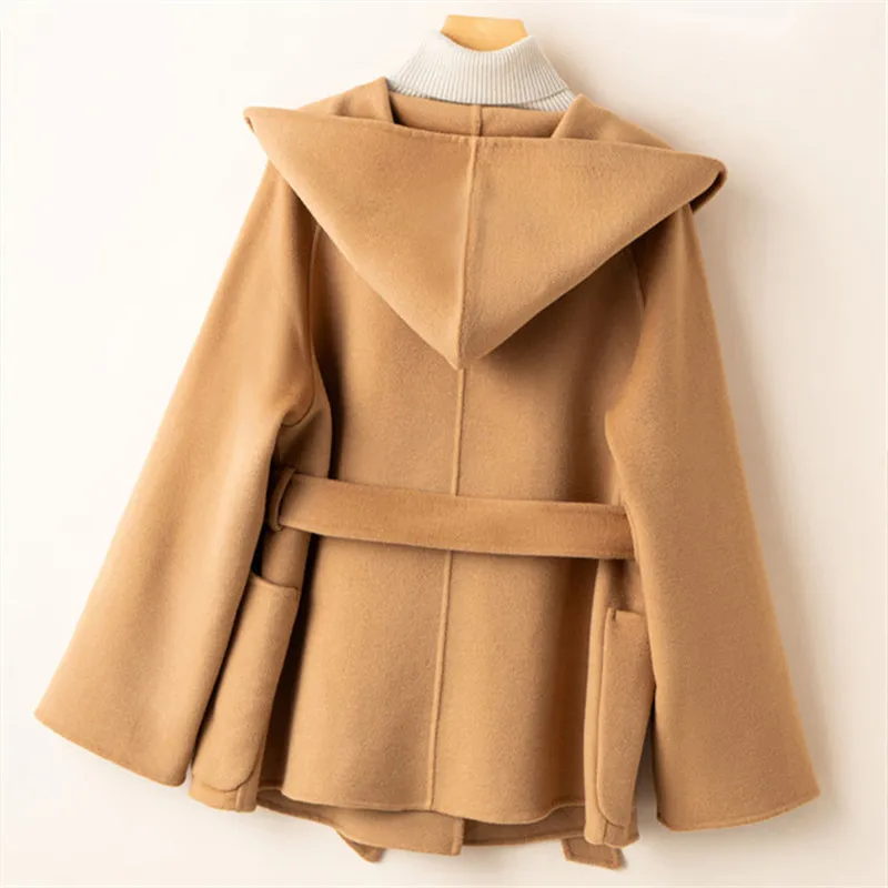 2025 New Autumn Winter 100% Double-Faced Cashmere Woolen Coat Women Hooded Wool Blends Jacket Female Short Loose Outerwear B699