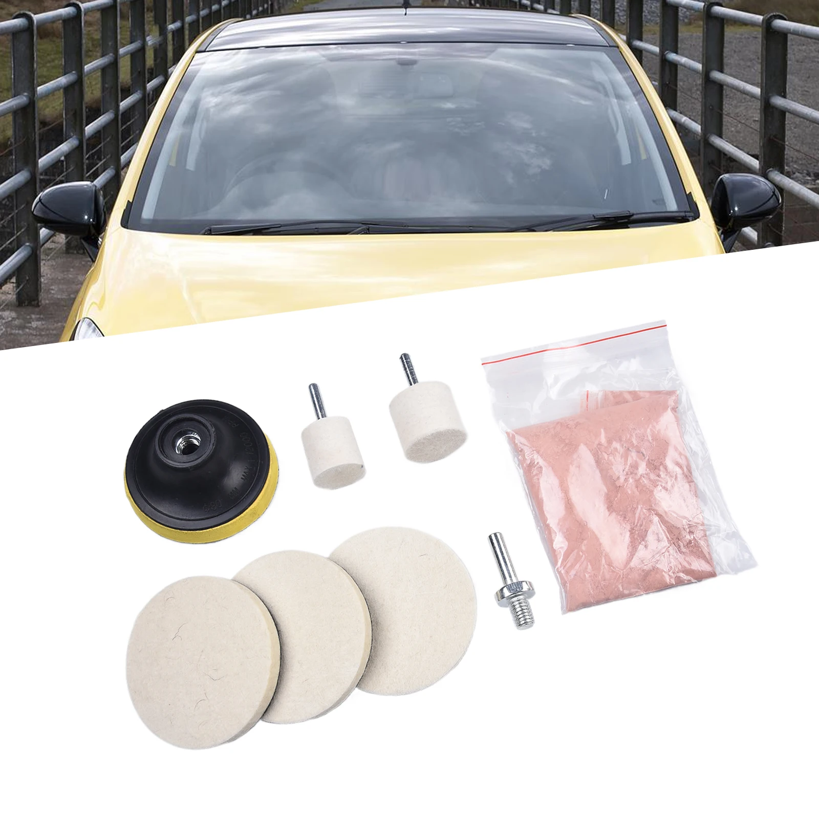 8pcs Car Windshield Glass Scratch Remover Cerium Oxide Powder Glass Polishing Kit Auto Wool Felt Polish Wheel Glass Polish Kit