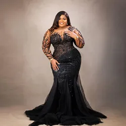 Couture Luxury Aso Ebi Stylished Black Lace Evening Dresses See Thru Full Sleeves Mermaid African Evening Gowns