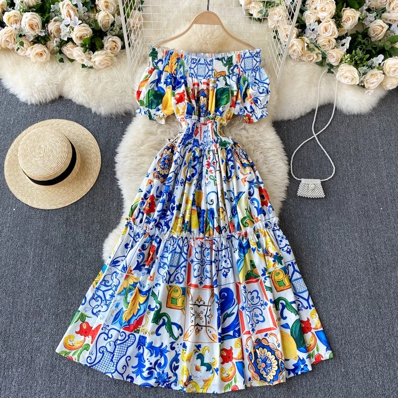 

Fashion Women's Dress Printed Slash Neck Off the Shoulder Puff Sleeves Slim Fit Mid Length Women's Dress