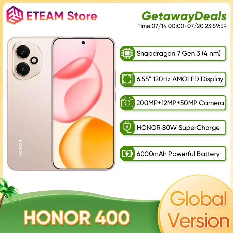

2025 New Global Version HONOR 400 5G Smartphone Snapdragon 7 Gen 3 6.55'' 120Hz AMOLED Display 6000mAh 80W Supercharge eSIM IP66