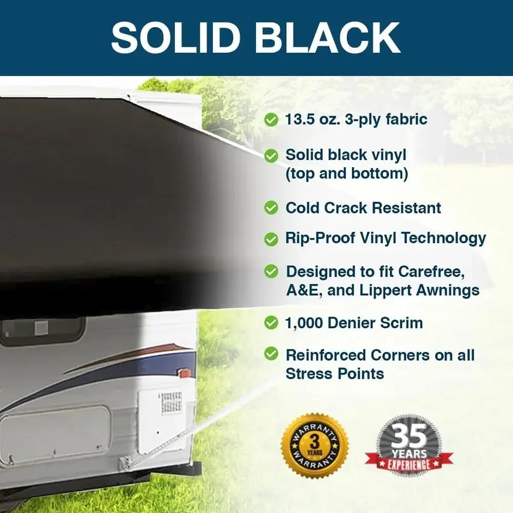 19' Premium Vinyl RV Awning Fabric Replacement, 18' 2 Solid Black Camper Shade