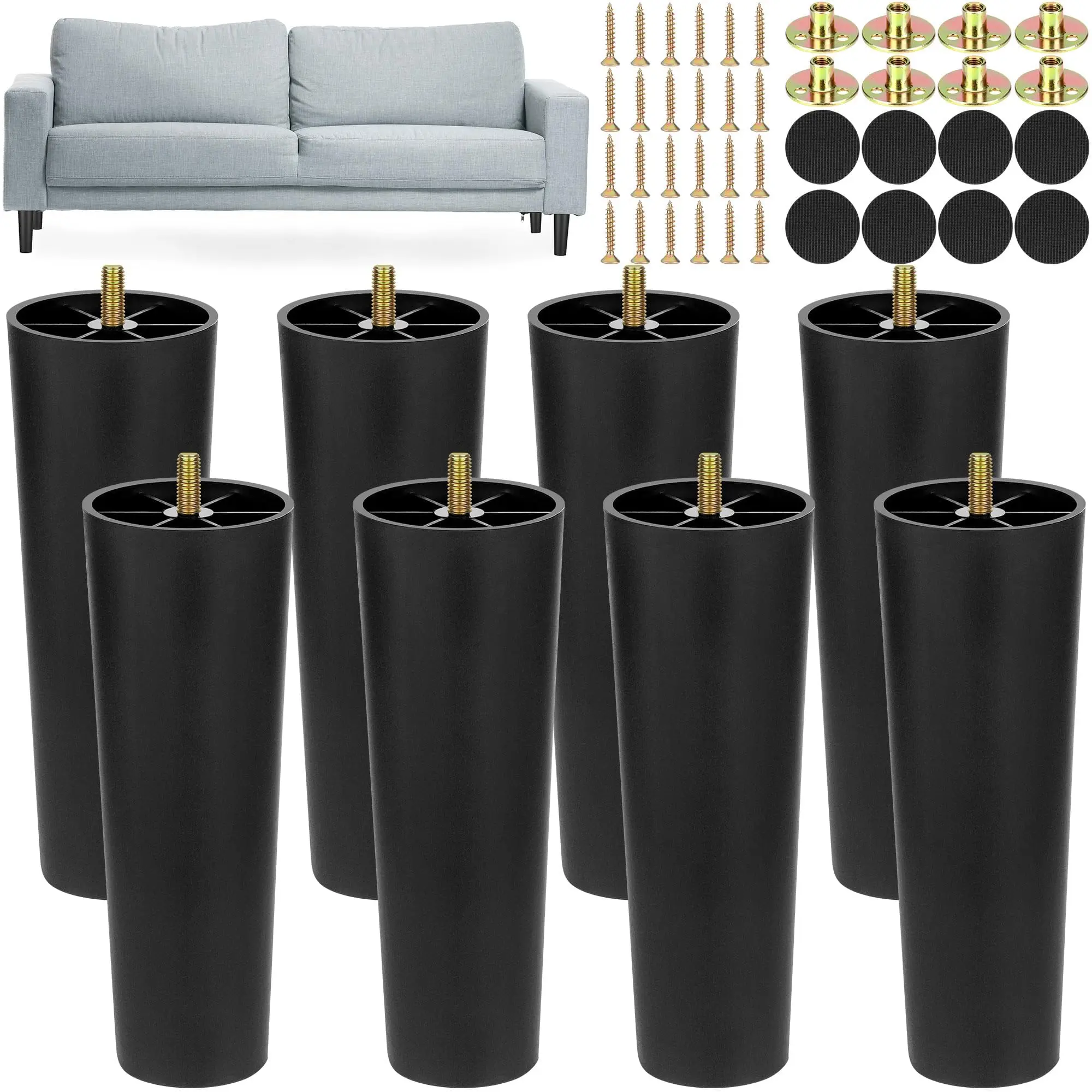 

8 Black Tapered 8-Inch Plastic Furniture Legs With M8 Threaded Inserts And Screws For Sofas, Chairs, Tables, Dressers, Beds
