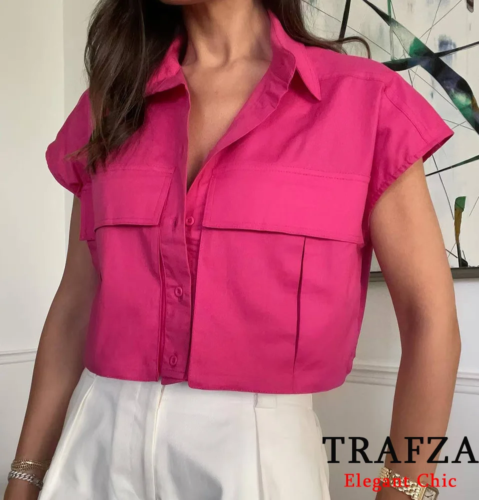 TRAFZA Basic Casual Sleeveless Short-Shirt Women\'s Pocket Lapel Buttons Shirt New 2024 Summer Fasion Holiday Commuter Outfit Top