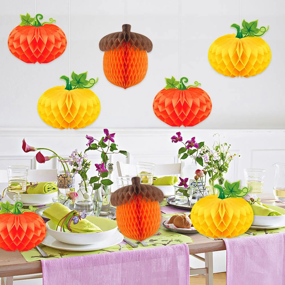 3Pcs/set Pumpkin Chestnut 3D Honeycomb Pendant Thanksgiving Halloween Party Decoration Honeycomb Pendant Autumn Harvest Festival view 3