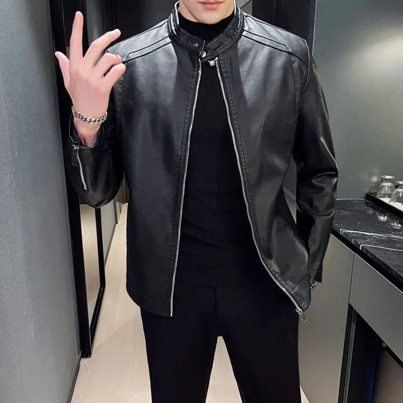 

Men's Motorcycle Leather Jacket Thickened Winter Coat with Standing Collar Korean Style Fashionable Outerwear for Spring Autumn​