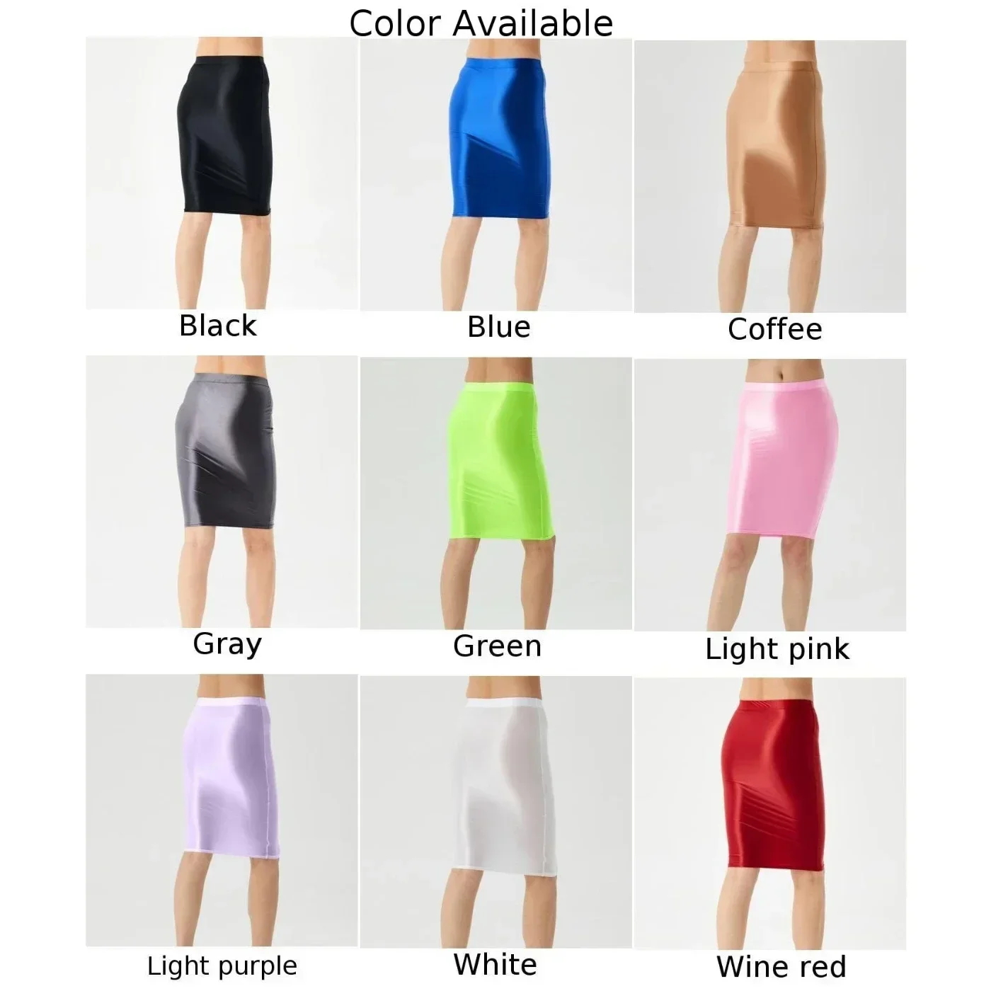 女性の光沢のあるハイウエストペンシルショートスカート、伸縮性のあるボディコン、パーティークラブウェア