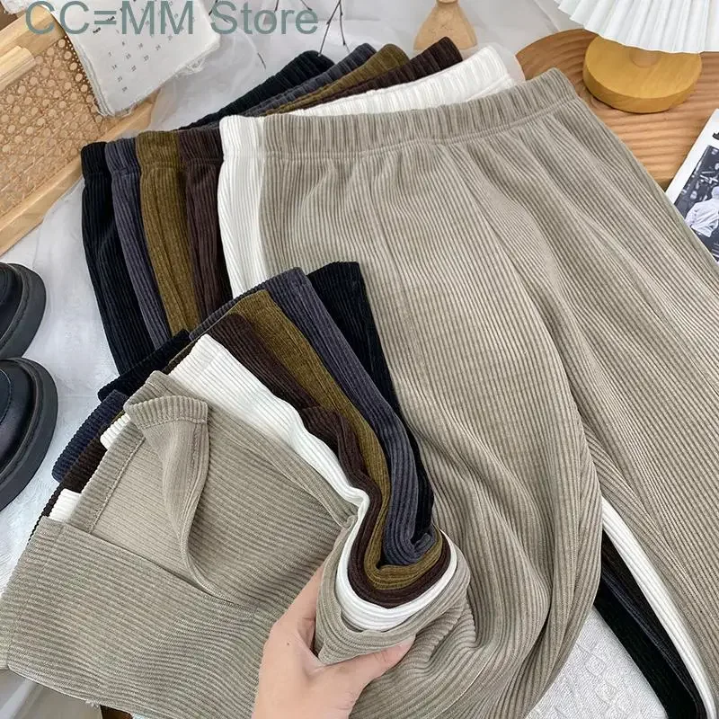 New Women Pants Vintage Split High Waist Corduroy Wide Leg Full Length Loose Trousers Fall Winter Fashion Bottoms