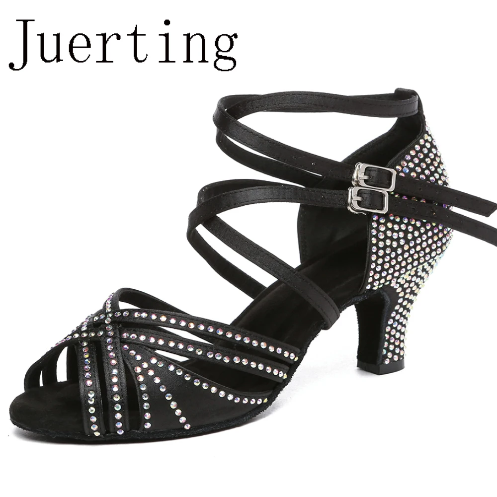 Juerting black modern jazz Heels Latin chachalomba salsa cowhide soft soled Bachata dance diamond shoes