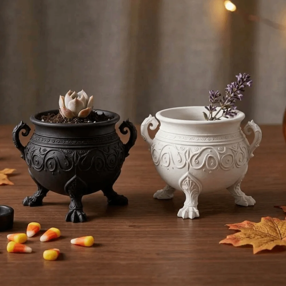 3D Printed Gothic Cauldron Planter Pot Dark Aesthetic with Three Legged Cauldron Storage Pot Dual Curved Handles Plastic