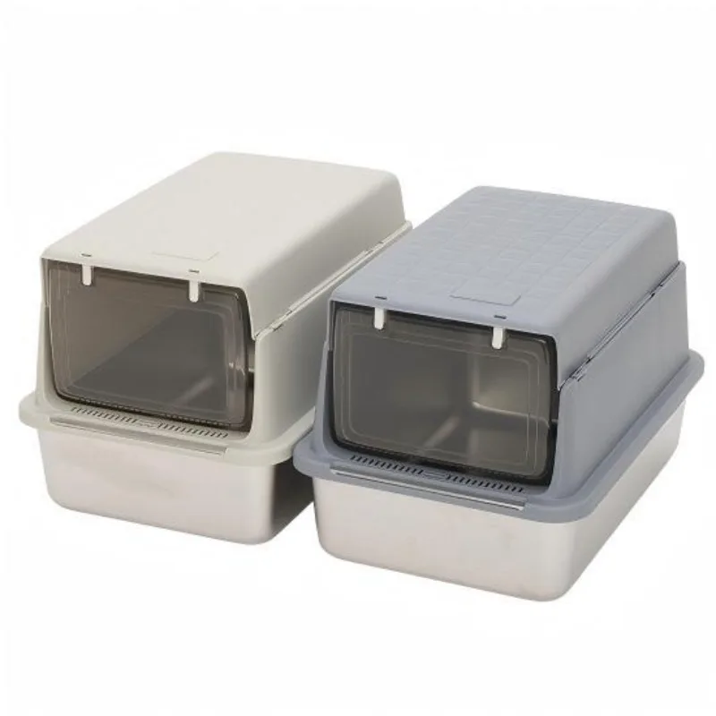 New Arrival Stainless Steel Plastic Cat Litter Box Anti-Splash Odor Control Fully Enclosed Flip Cover Large Inner Space