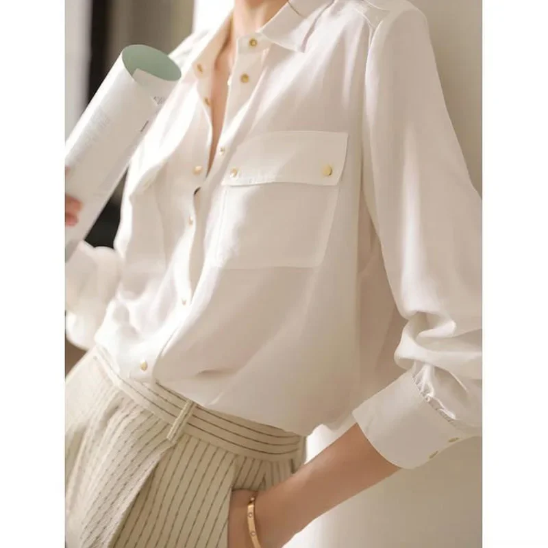 Summer Women's Shirt Double Pocket Long Sleeve POLO Collar Single Breasted Loose Solid Professional Commuter Retro Top A264