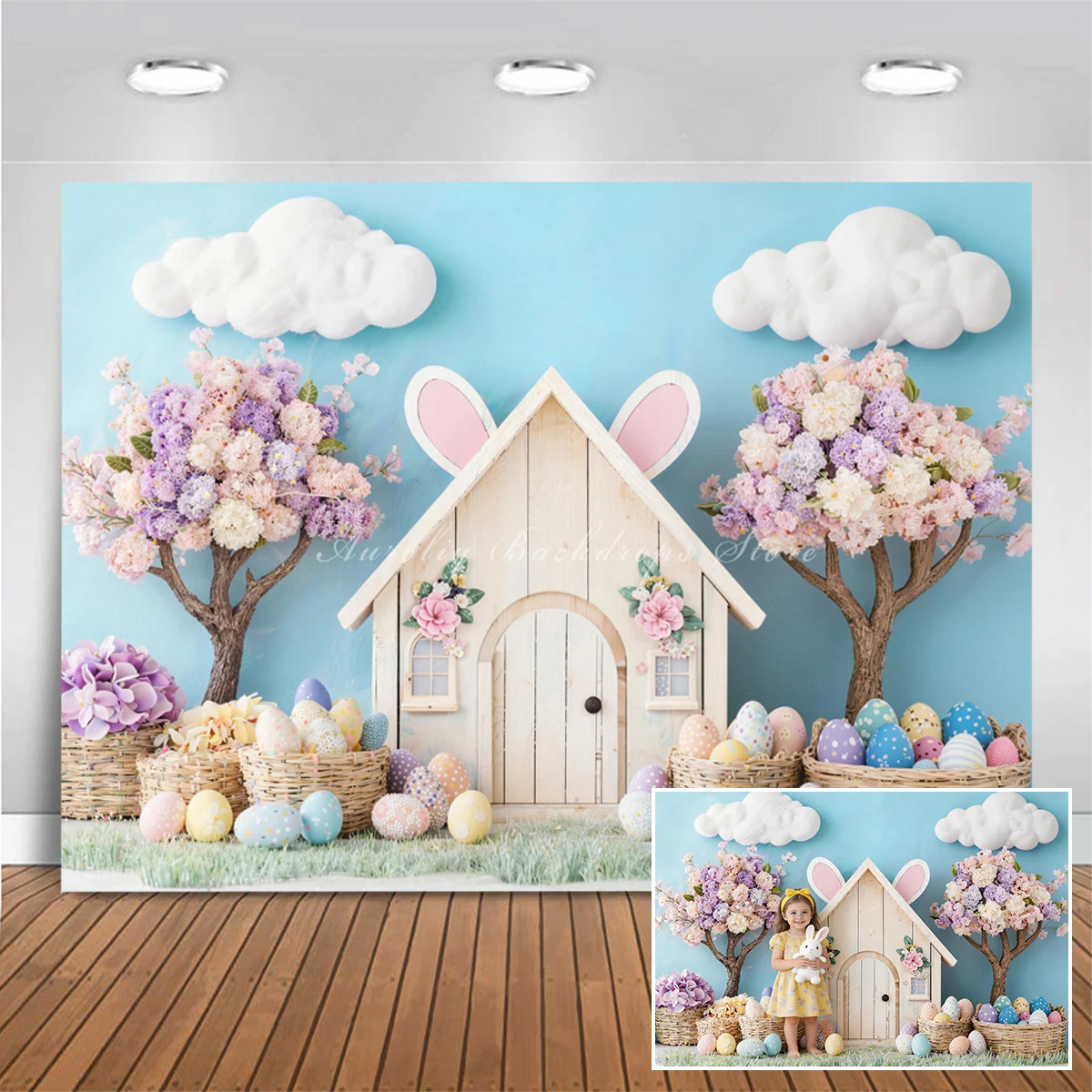 Easter Blue Bunny Fairy Tale Cottage Backdrops Child Baby Photo Props Adult Kids Decors Photography Studio Backgrounds