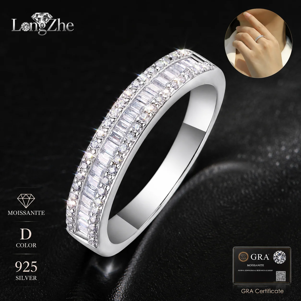 S925 Sterling Silver Moissanite Ring 4.4mm Round Baguette Cut Multi Row Band for Women Wedding Anniversary Fine Jewelry Gift