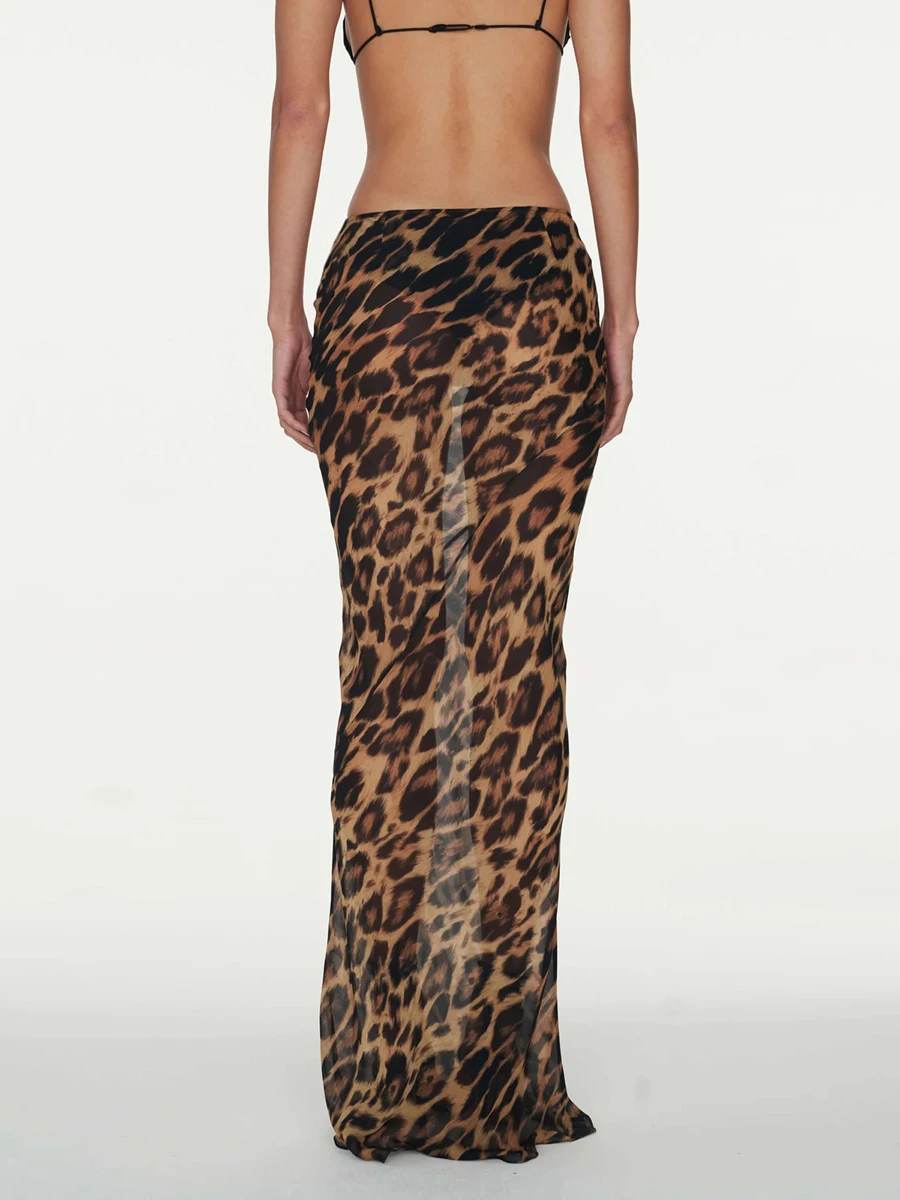 Women Leopard Print Sheer Skirts Summer Y2k See Through Bodycon Pencil long Skirt Beach Cheetah Maxi Skirts Clubwear