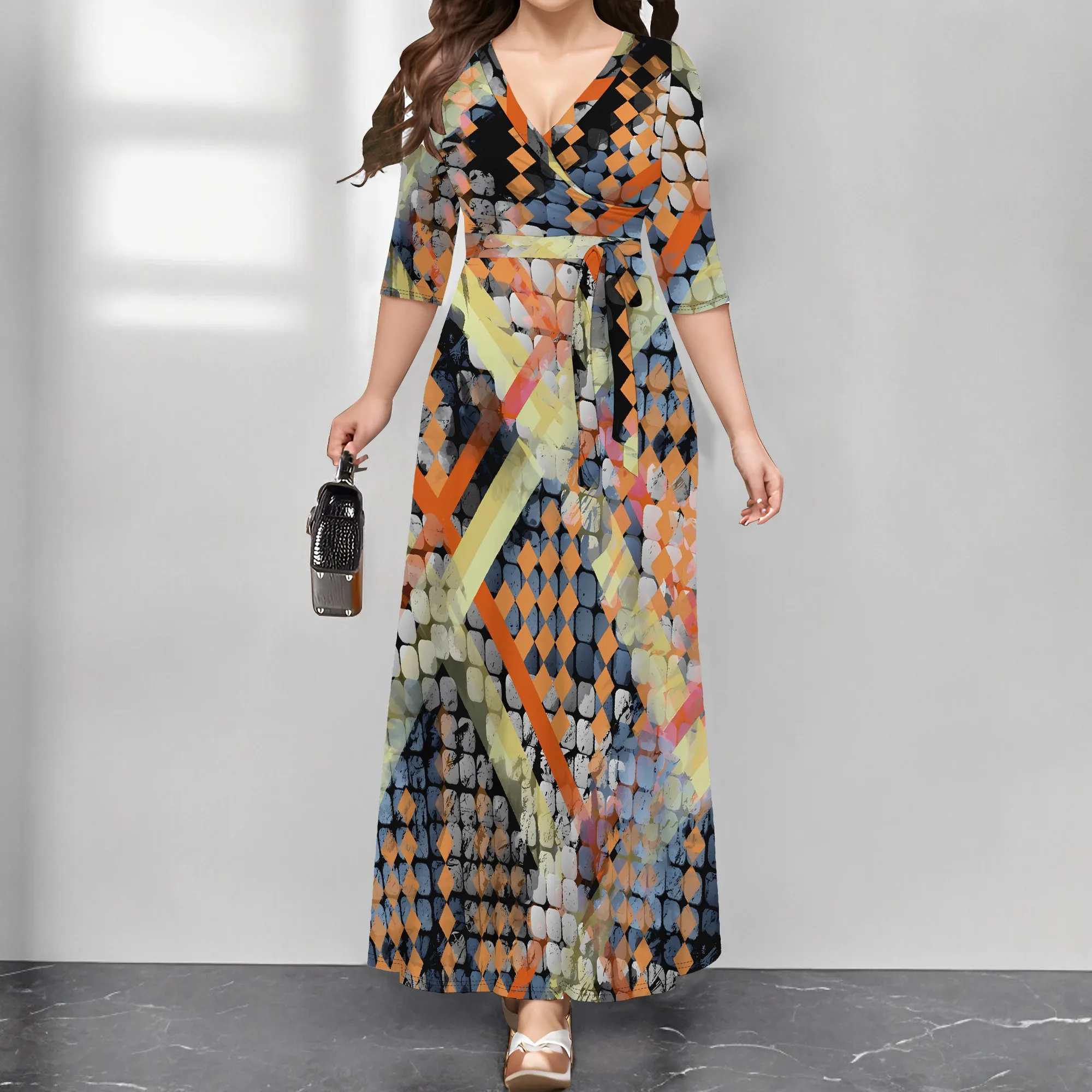 

Trendy Geometric Print V-Neck Maxi Dress for Women 3/4 Sleeve Wrap Long Dress for Streetwear & Daily Outfits
