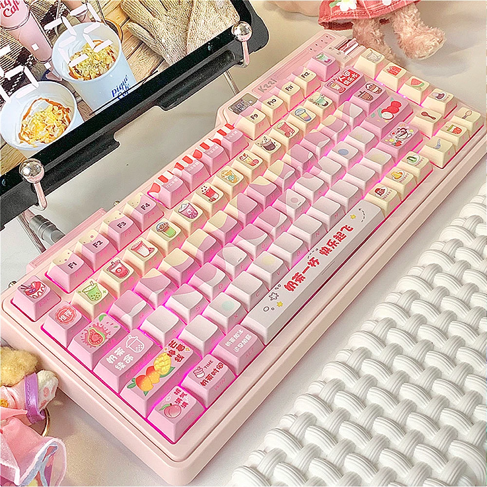 Milk Tea Keycap Side Engraved Translucent PBT Cherry Five-Sided Sublimation 130-Key Keyboard Diy Cute Pink Summer Drink Keycap