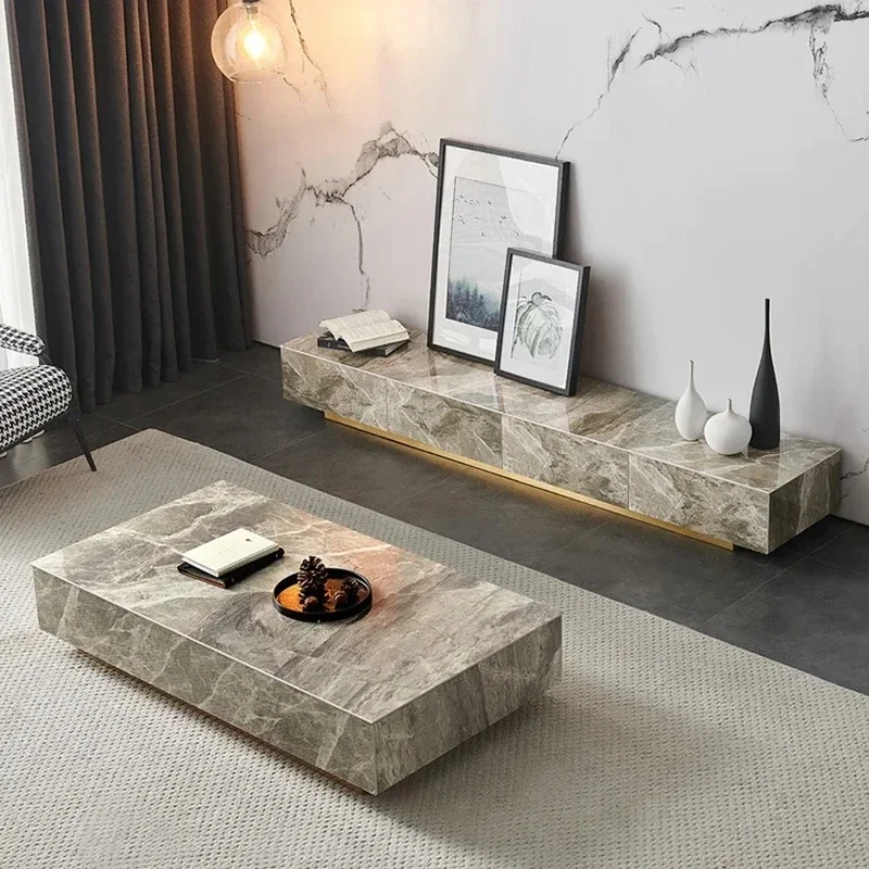 Modern Luxury Wooden and Glass TV Cabinet with Marble Top and Coffee Tables Set for Living Room