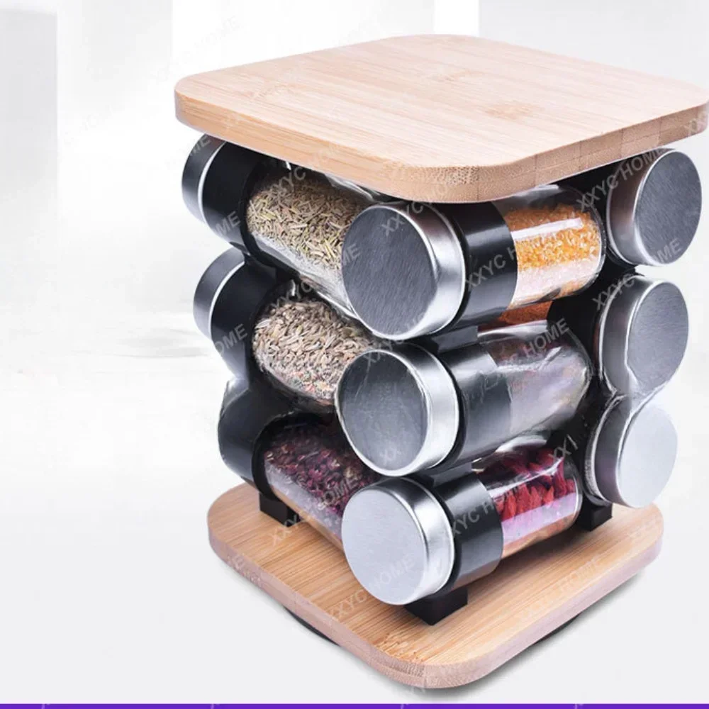 

Вращающаяся подставка для специй из бамбука с пластиковыми элементами и стеклянными банками